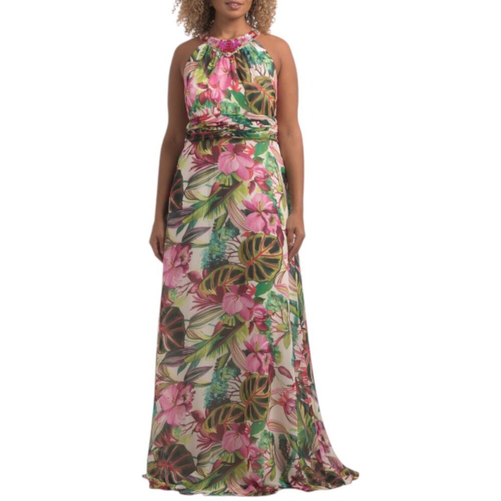 TERI JON Chiffon Jungle Print Paillette Halter Gown